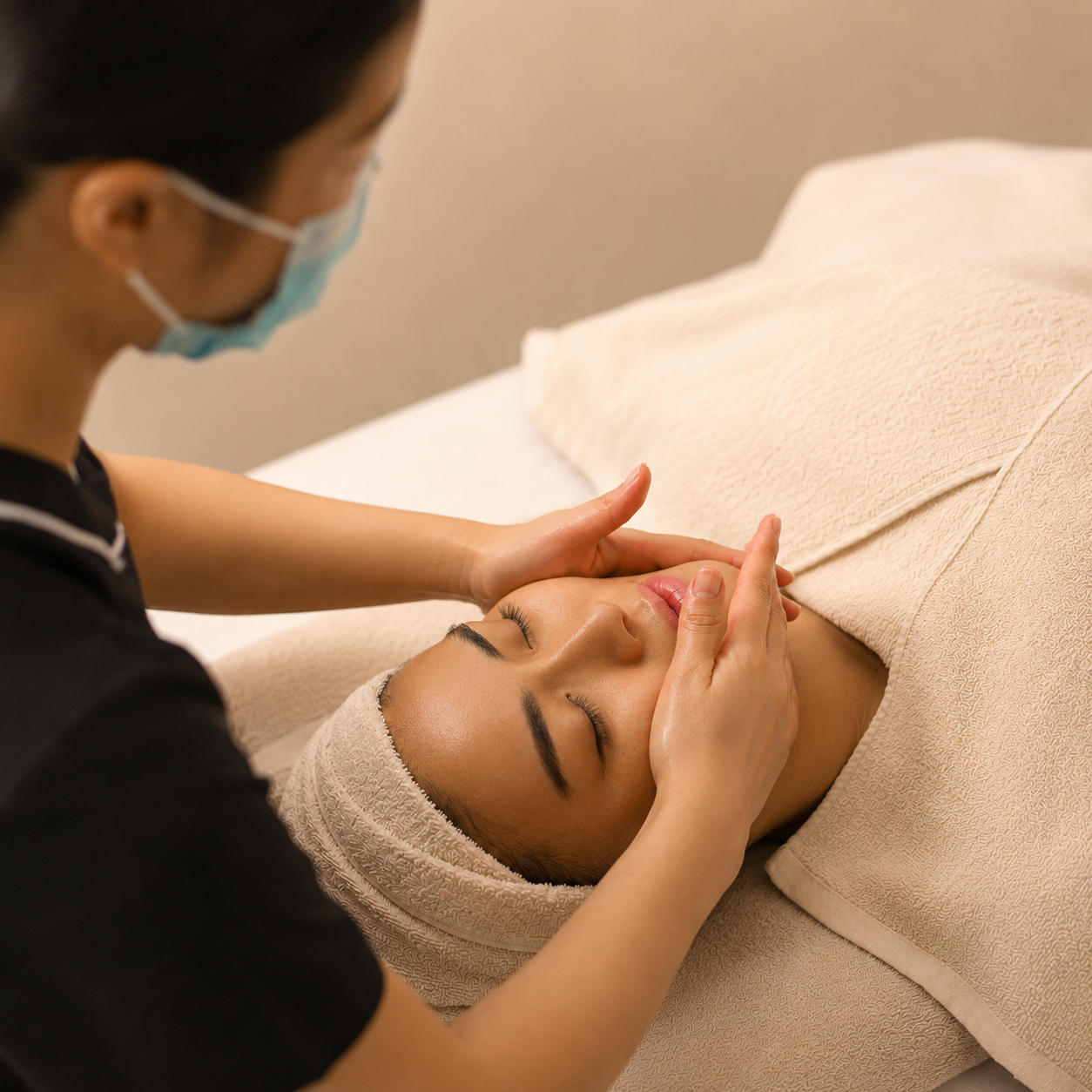 Serene Japanese-inspired spa treatment setting with soft warm lighting