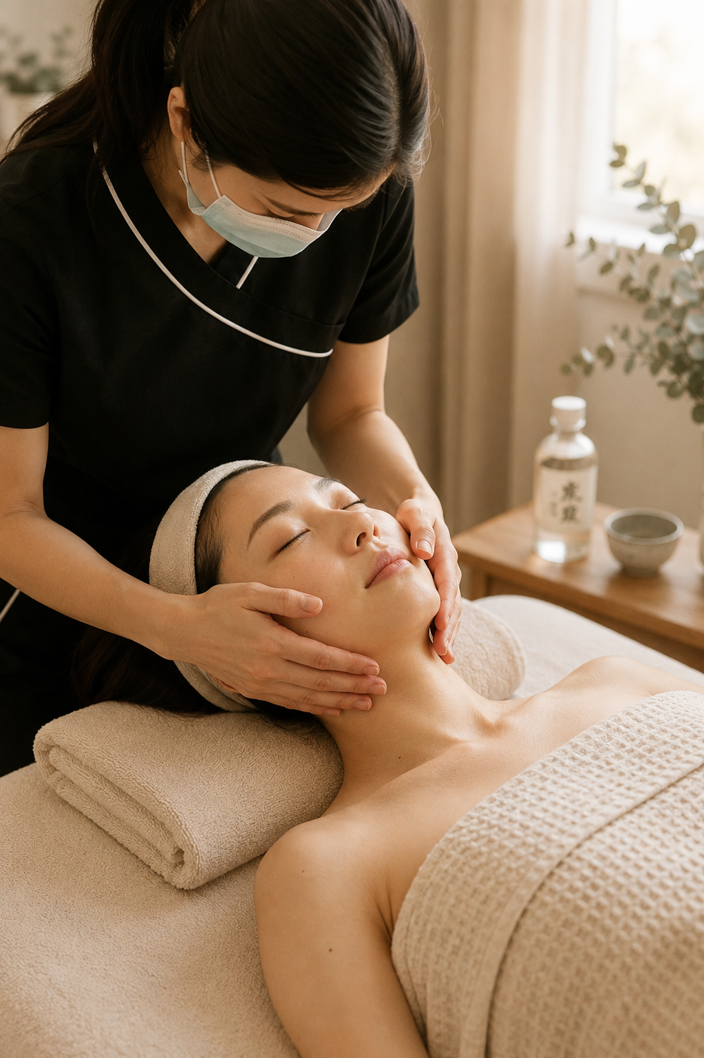Gentle Japanese facial massage along the cheek and jawline